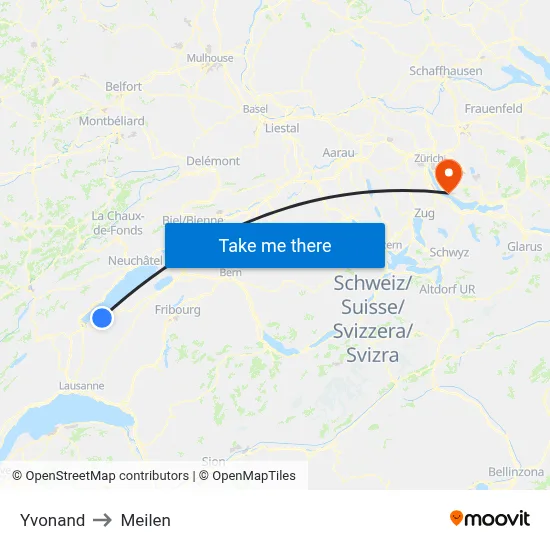 Yvonand to Meilen map