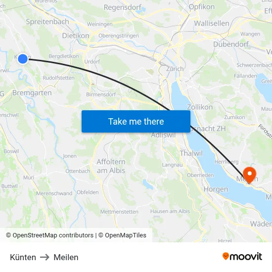 Künten to Meilen map