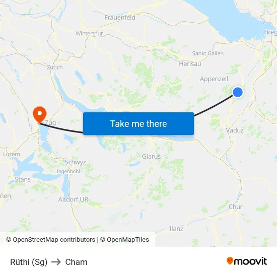 Rüthi (Sg) to Cham map