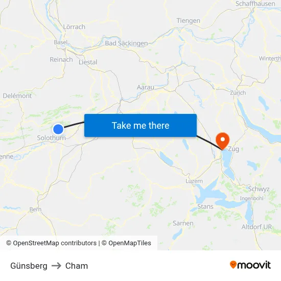 Günsberg to Cham map