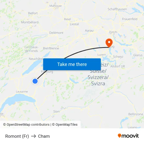 Romont (Fr) to Cham map