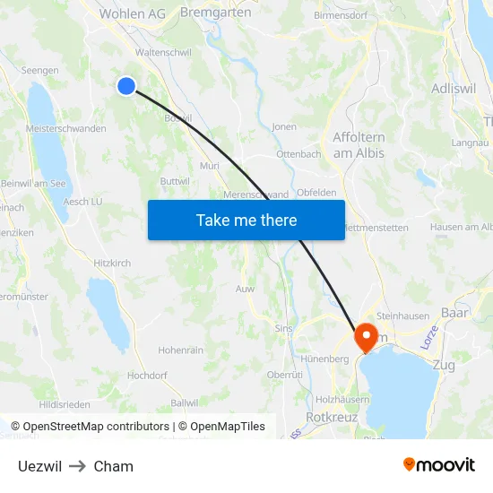 Uezwil to Cham map