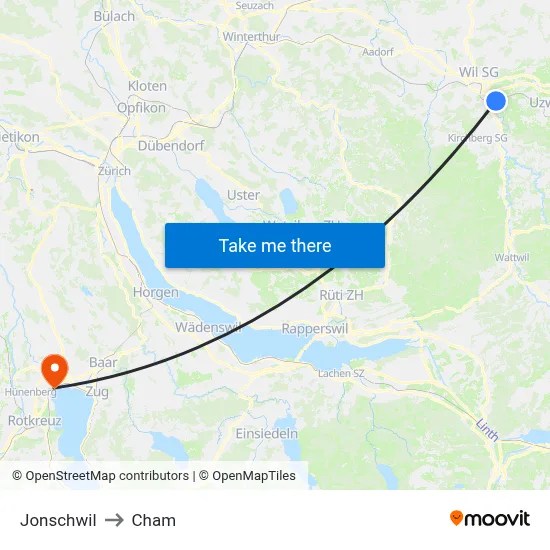 Jonschwil to Cham map
