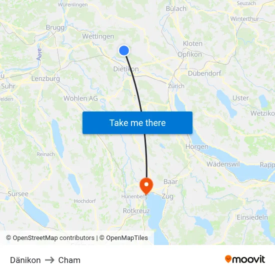 Dänikon to Cham map