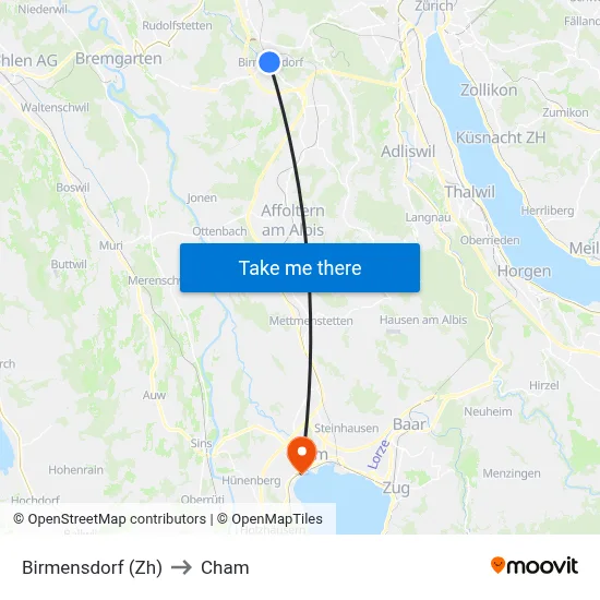 Birmensdorf (Zh) to Cham map
