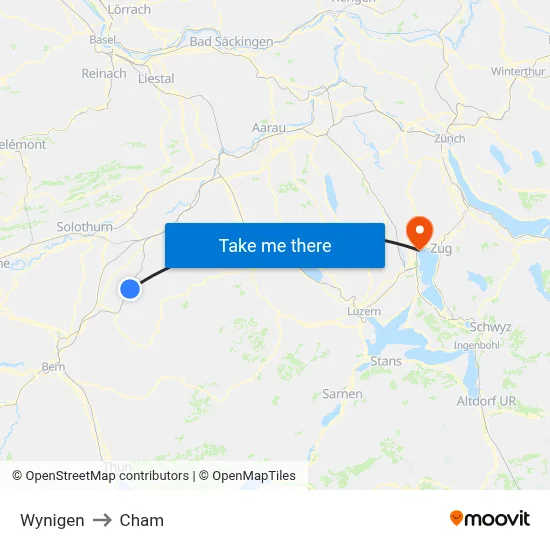 Wynigen to Cham map