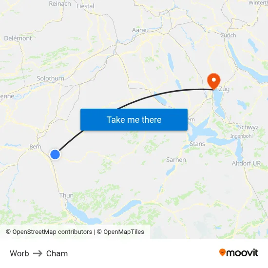 Worb to Cham map