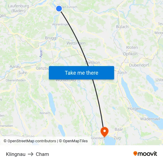 Klingnau to Cham map