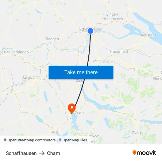 Schaffhausen to Cham map