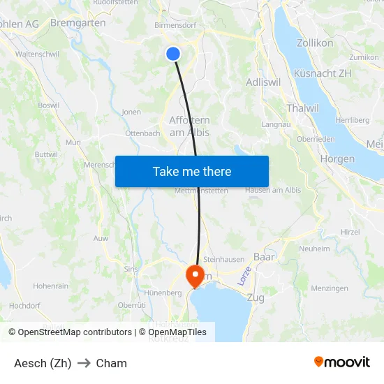 Aesch (Zh) to Cham map