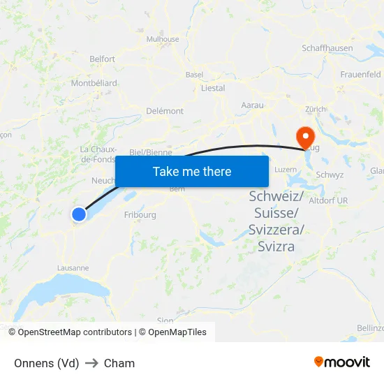Onnens (Vd) to Cham map