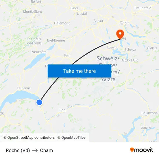 Roche (Vd) to Cham map