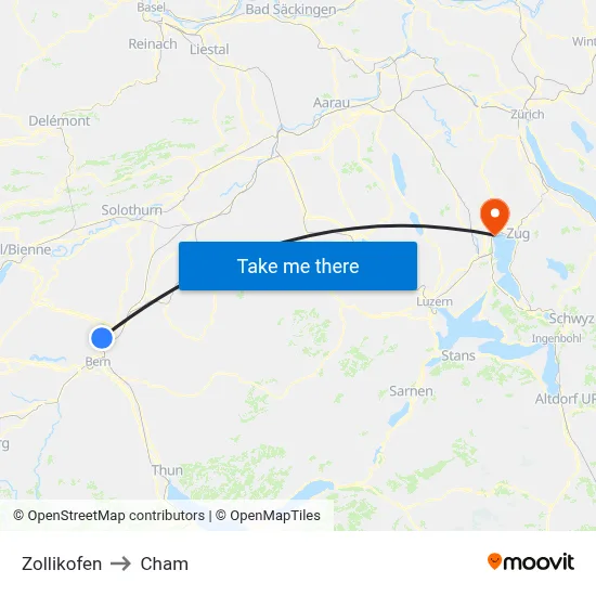 Zollikofen to Cham map