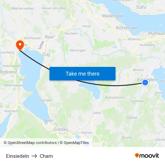 Einsiedeln to Cham map