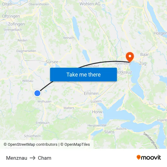 Menznau to Cham map