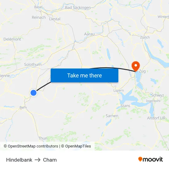 Hindelbank to Cham map