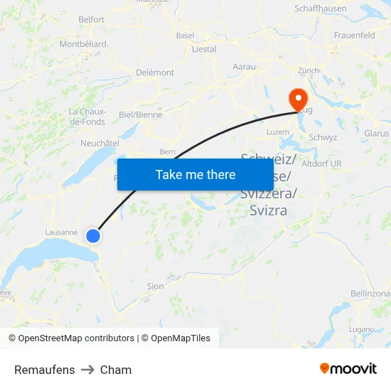 Remaufens to Cham map
