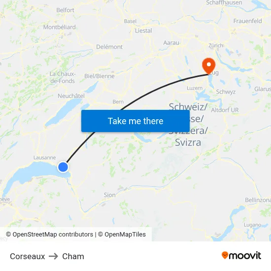 Corseaux to Cham map