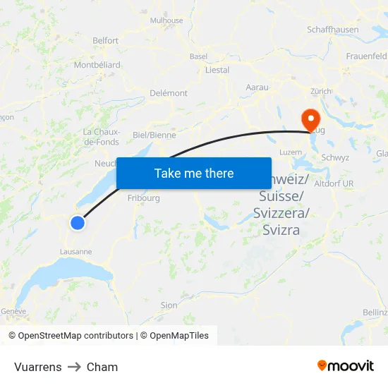 Vuarrens to Cham map