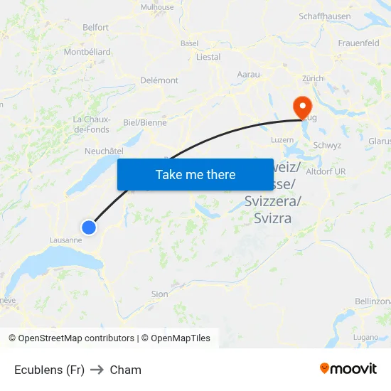Ecublens (Fr) to Cham map