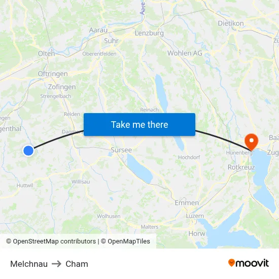 Melchnau to Cham map