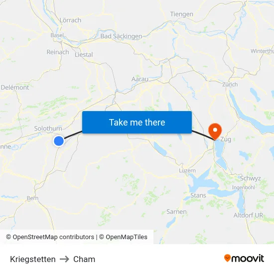 Kriegstetten to Cham map