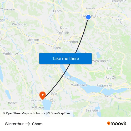 Winterthur to Cham map