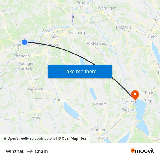 Winznau to Cham map