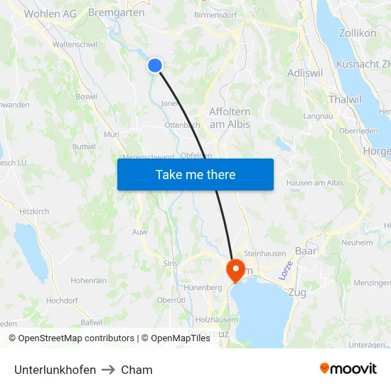 Unterlunkhofen to Cham map