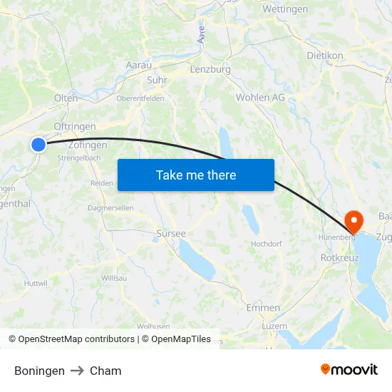 Boningen to Cham map