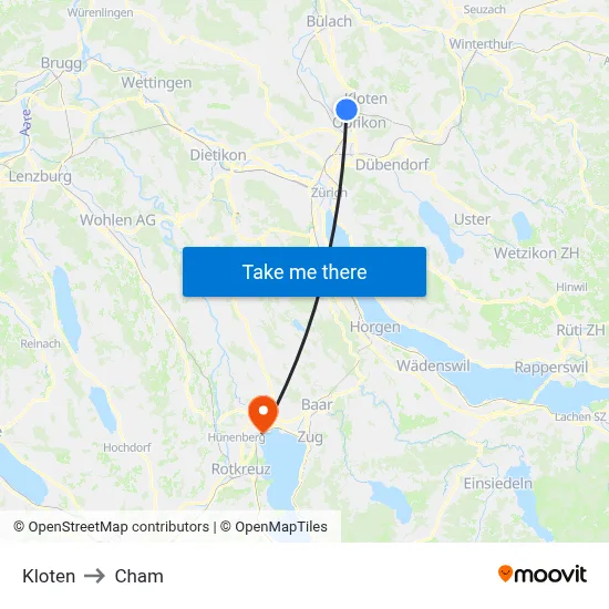 Kloten to Cham map