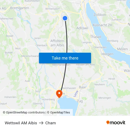 Wettswil AM Albis to Cham map