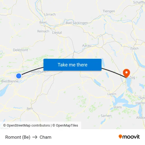 Romont (Be) to Cham map