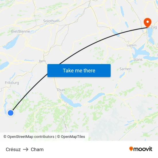Crésuz to Cham map