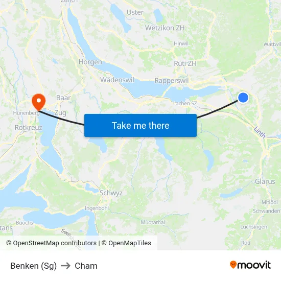 Benken (Sg) to Cham map