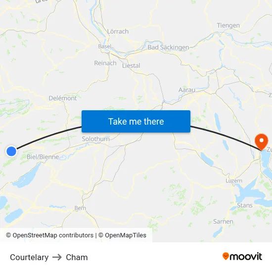 Courtelary to Cham map