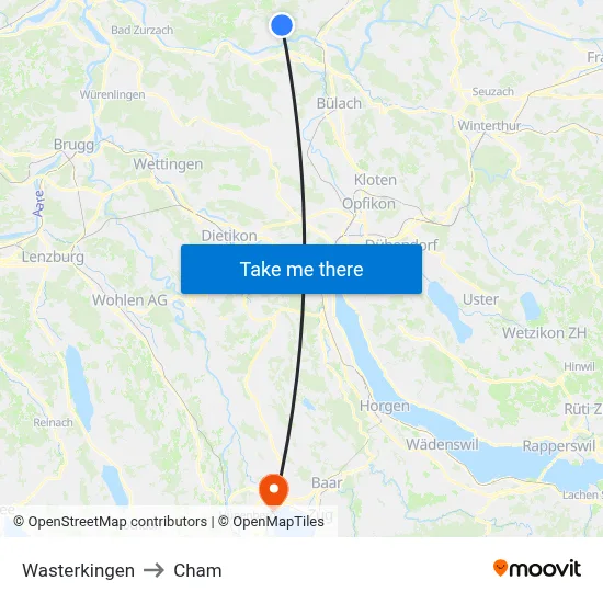 Wasterkingen to Cham map