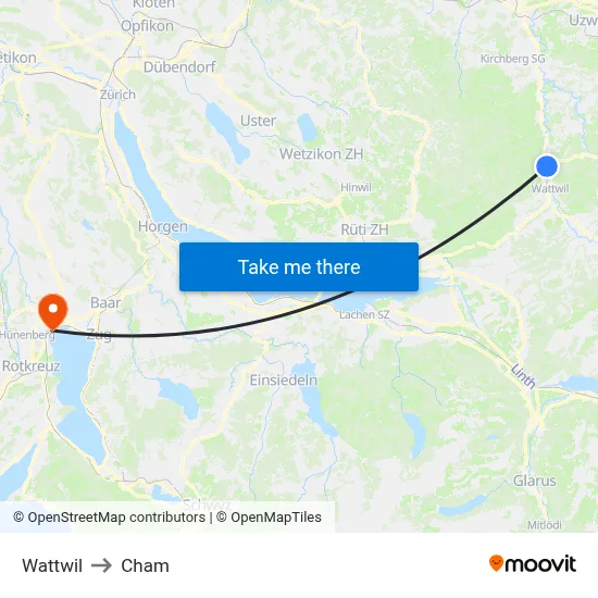 Wattwil to Cham map