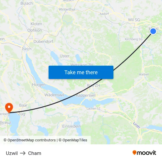Uzwil to Cham map