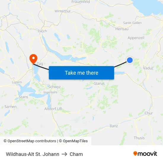 Wildhaus-Alt St. Johann to Cham map