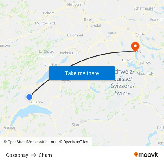 Cossonay to Cham map