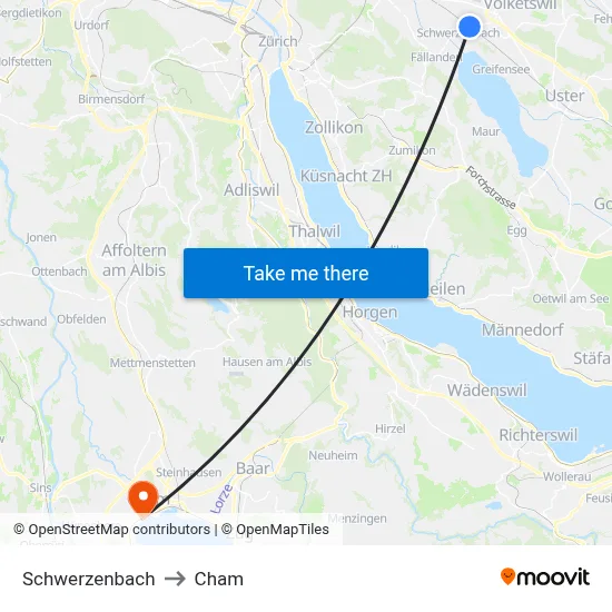 Schwerzenbach to Cham map