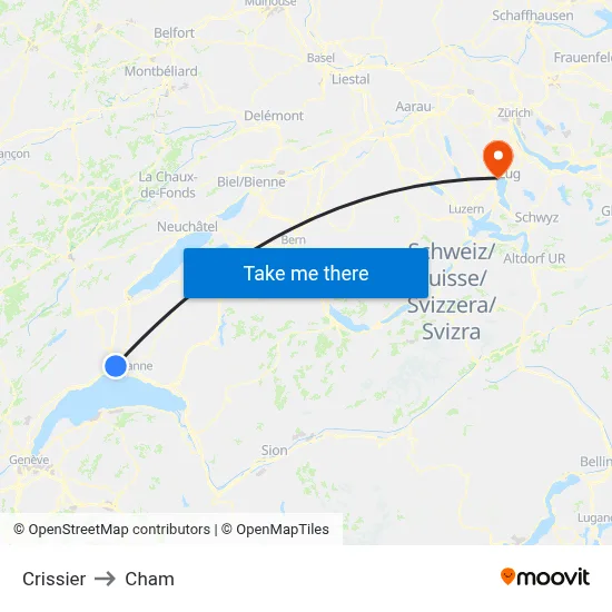 Crissier to Cham map