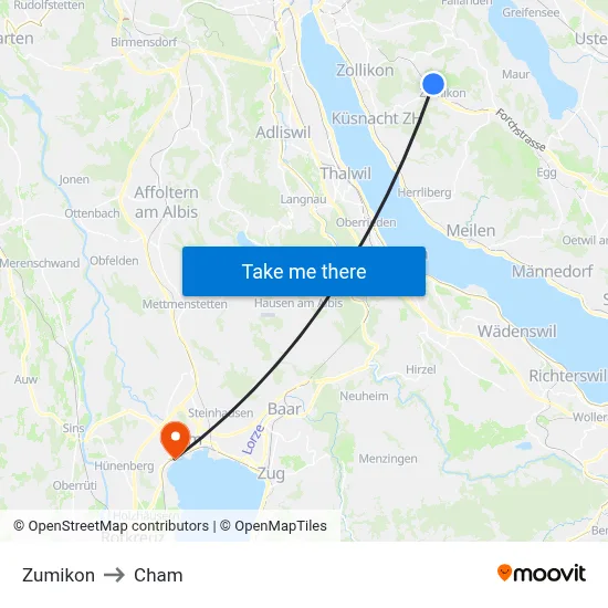 Zumikon to Cham map