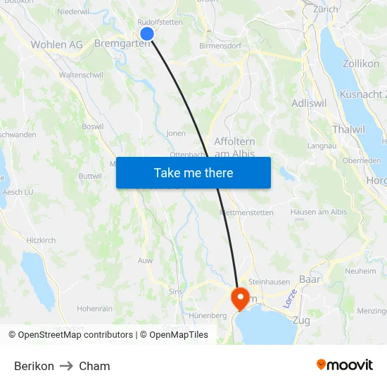 Berikon to Cham map