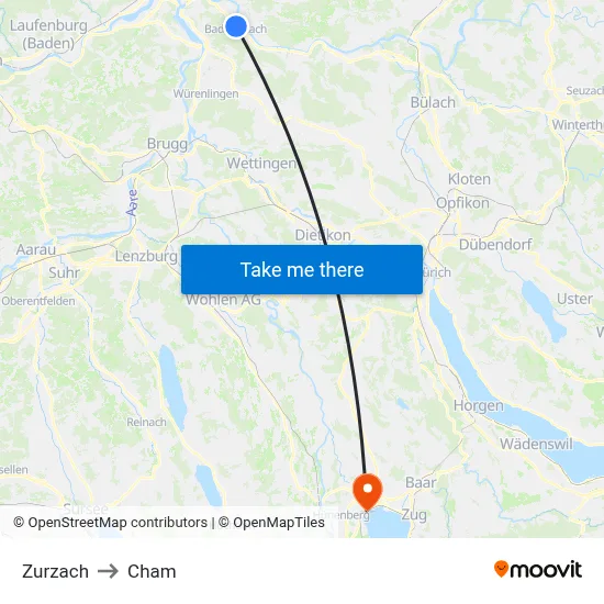 Zurzach to Cham map