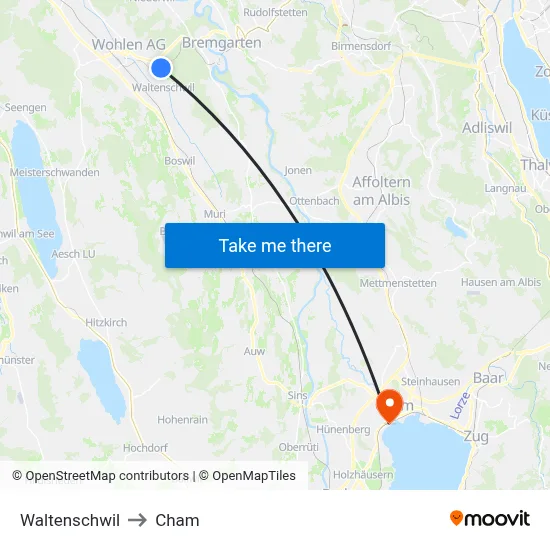 Waltenschwil to Cham map