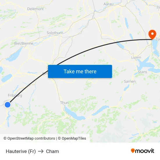 Hauterive (Fr) to Cham map
