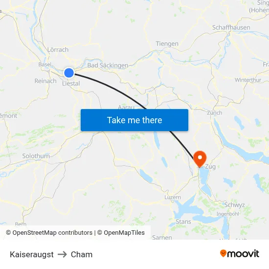 Kaiseraugst to Cham map