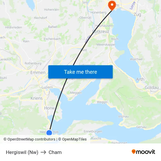 Hergiswil (Nw) to Cham map